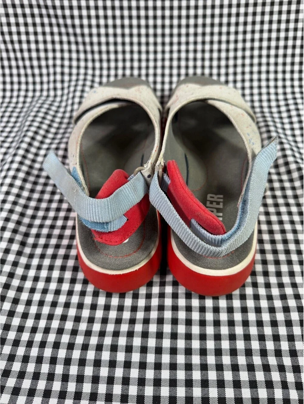 Camper Oruga Sandals Womens 7.5 EU 38 Gray Speckled Leather Red Sport Slingback
